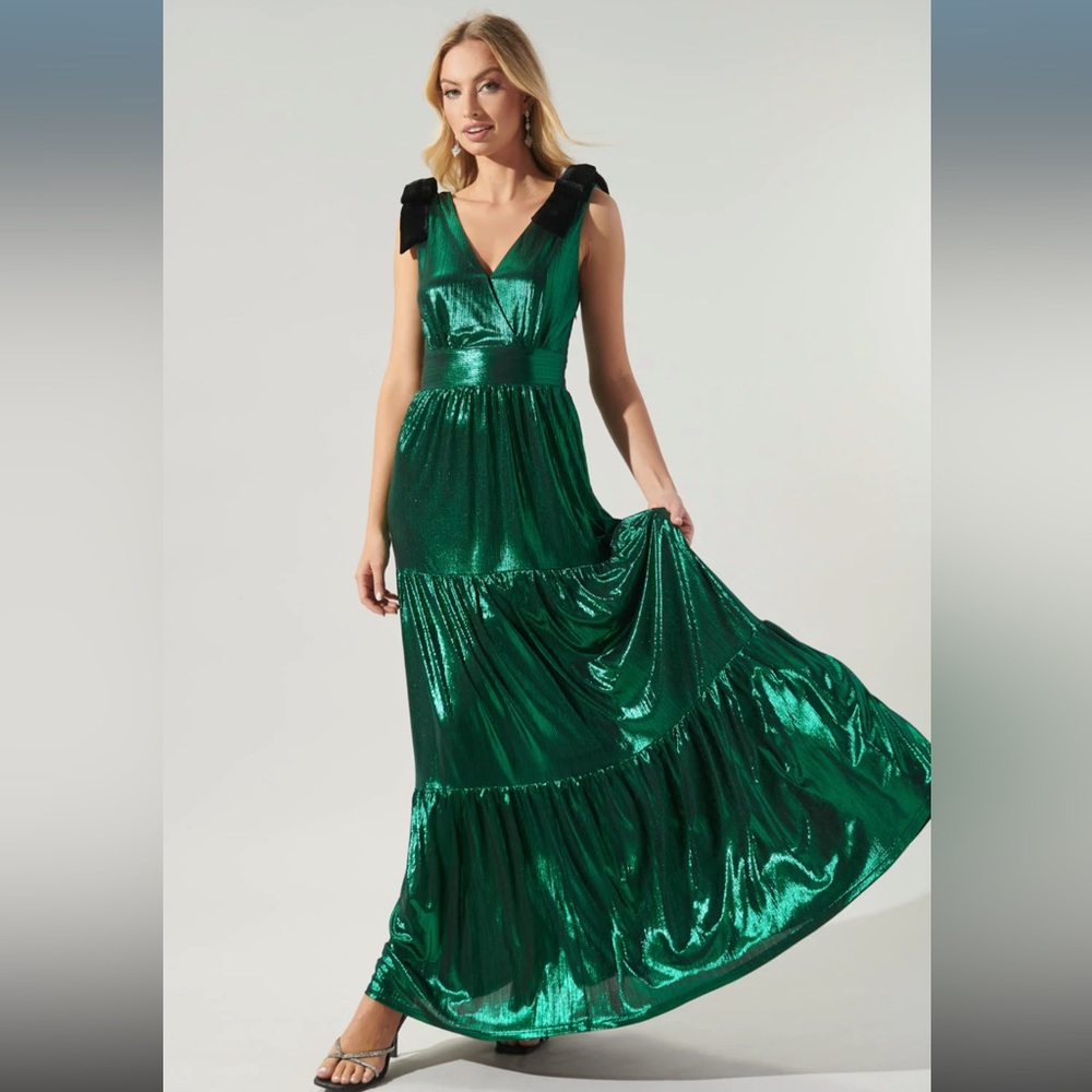 Green formal gown with black velvet bows